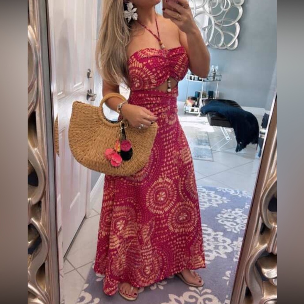 Elegant Boho Pink Cutout Bead Halter Maxi Dress - Picture 7 of 7